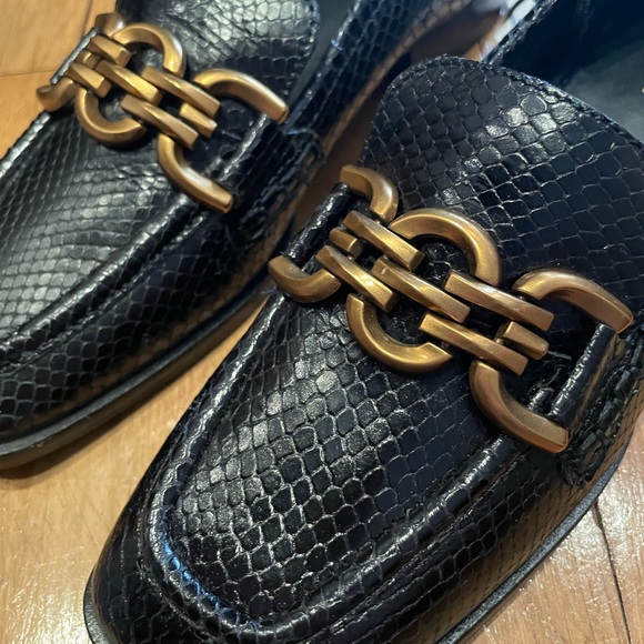Zara Leather Black and Gold Animal Print Snakeskin Print Loafers - Picture 10 of 13